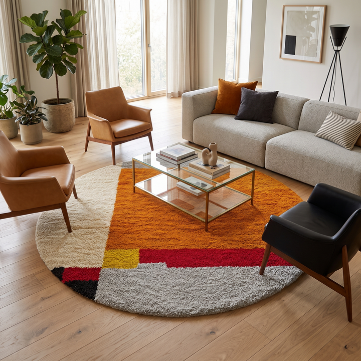 Round handmade Moroccan wool rug with a bold abstract geometric design in burnt orange, ivory, gray, red, yellow, and black.