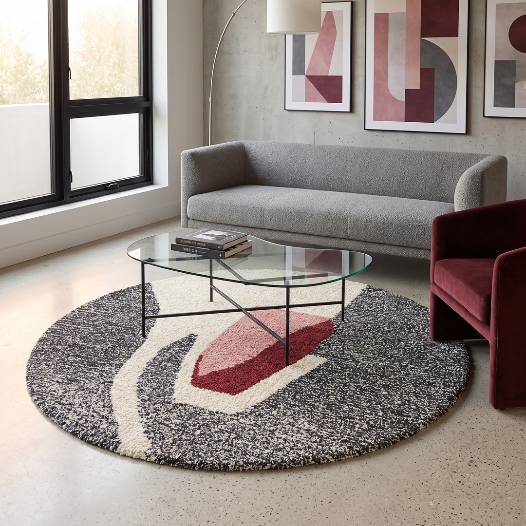 Round modern Moroccan rug with abstract pink, red, black, and white pattern.