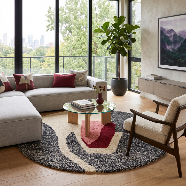 Round modern Moroccan rug with abstract pink, red, black, and white pattern.