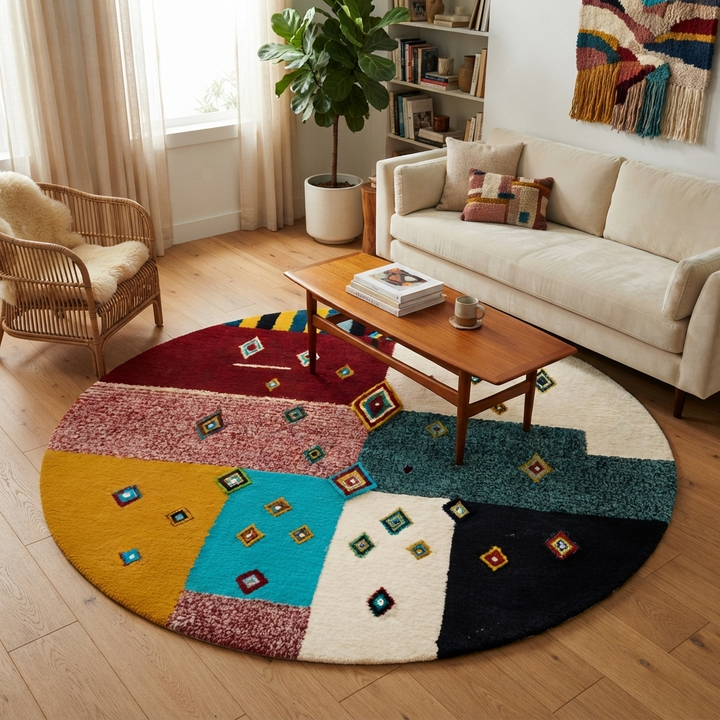 Handmade colorful Moroccan round wool rug with modern patchwork and Berber diamond motifs