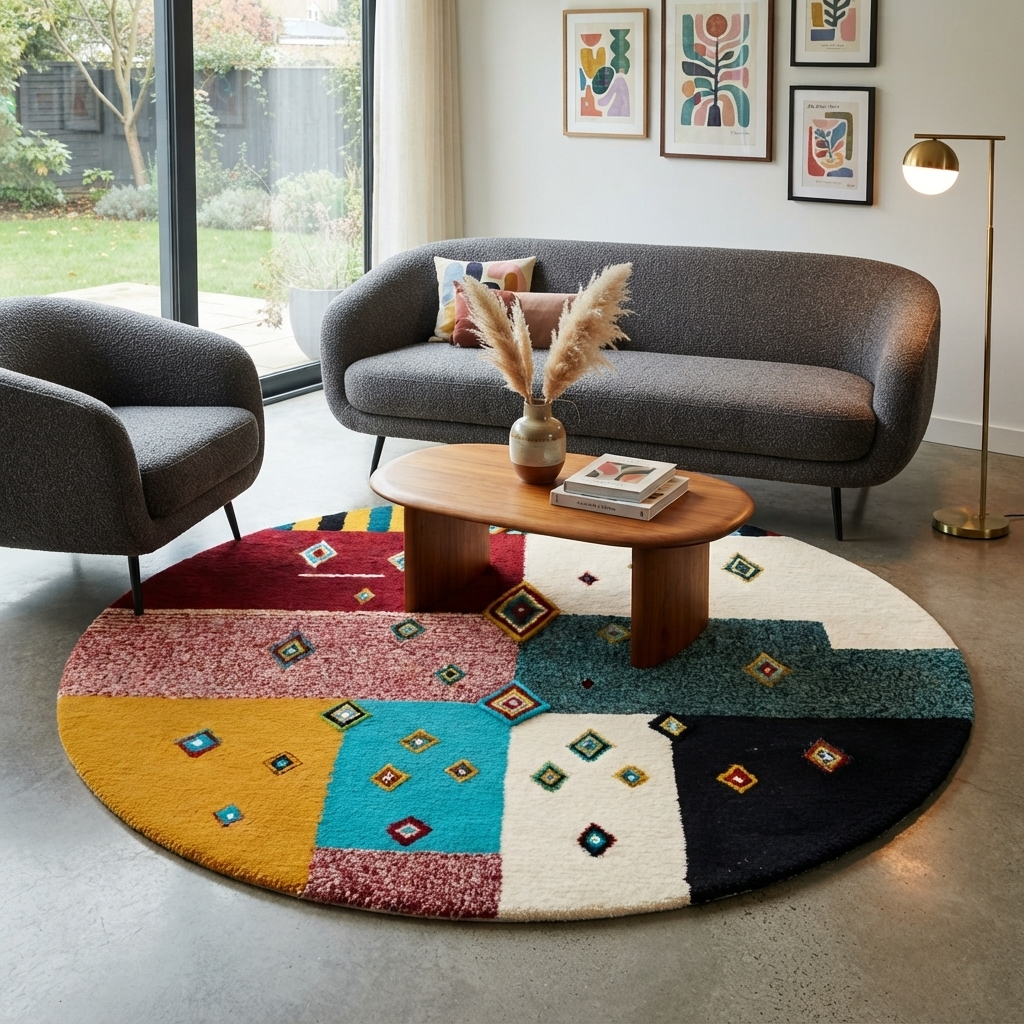 Handmade colorful Moroccan round wool rug with modern patchwork and Berber diamond motifs
