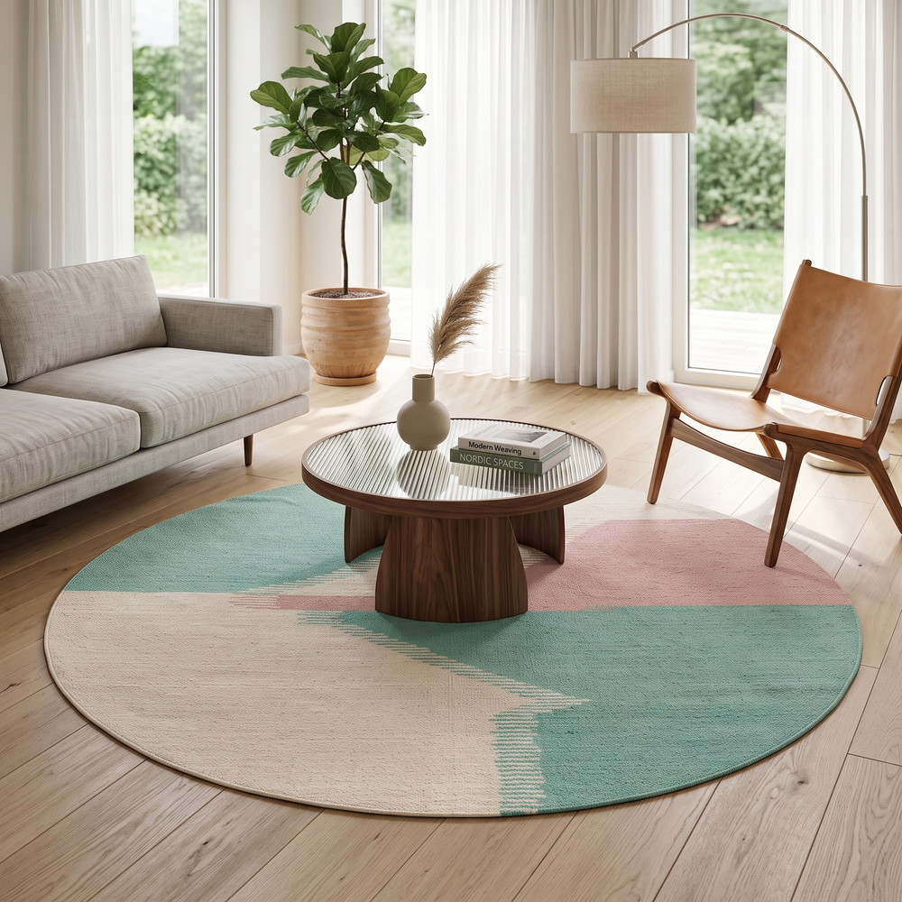 Modern abstract flat-weave round Moroccan wool rug in mint green, ivory, and blush tones