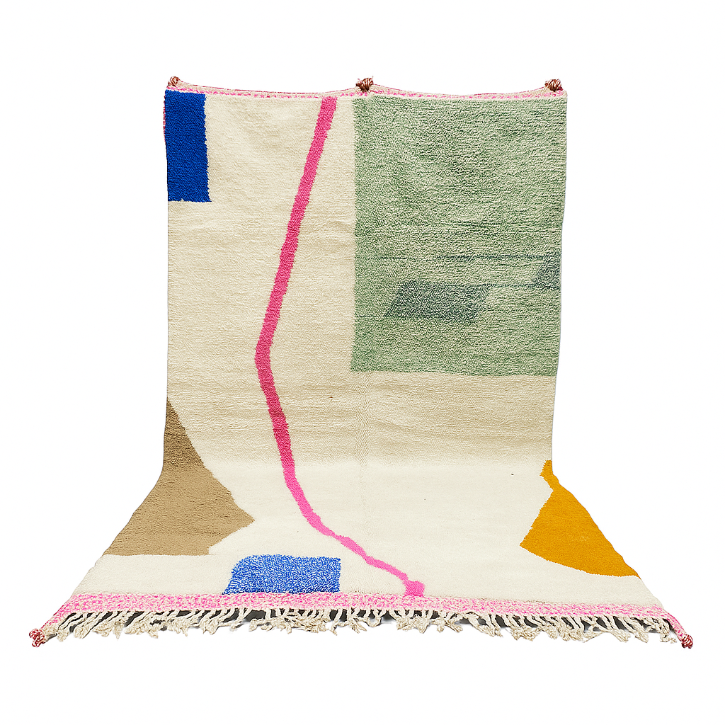 Modern Moroccan wool rug with abstract minimalist design featuring pink, green, and blue geometric accents, handmade by Berber artisans