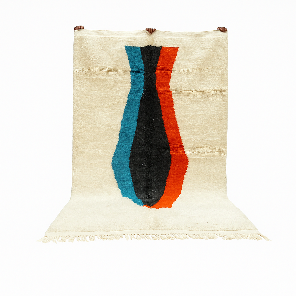 Beige Moroccan wool rug with central abstract design in blue, black, and orange, handmade by Berber artisans