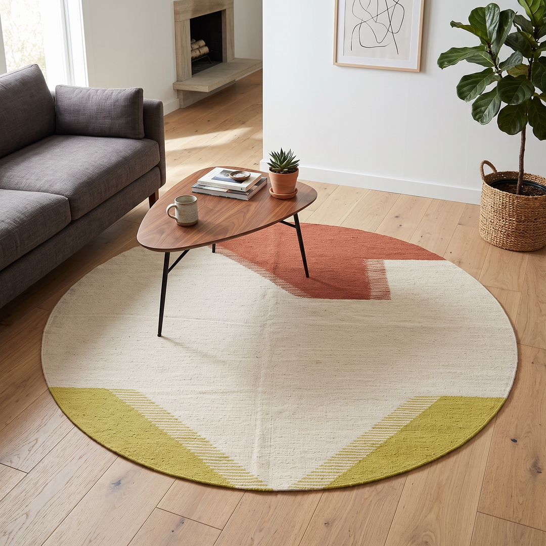 Flat-weave round Moroccan wool rug with ivory base and terracotta and yellow abstract design
