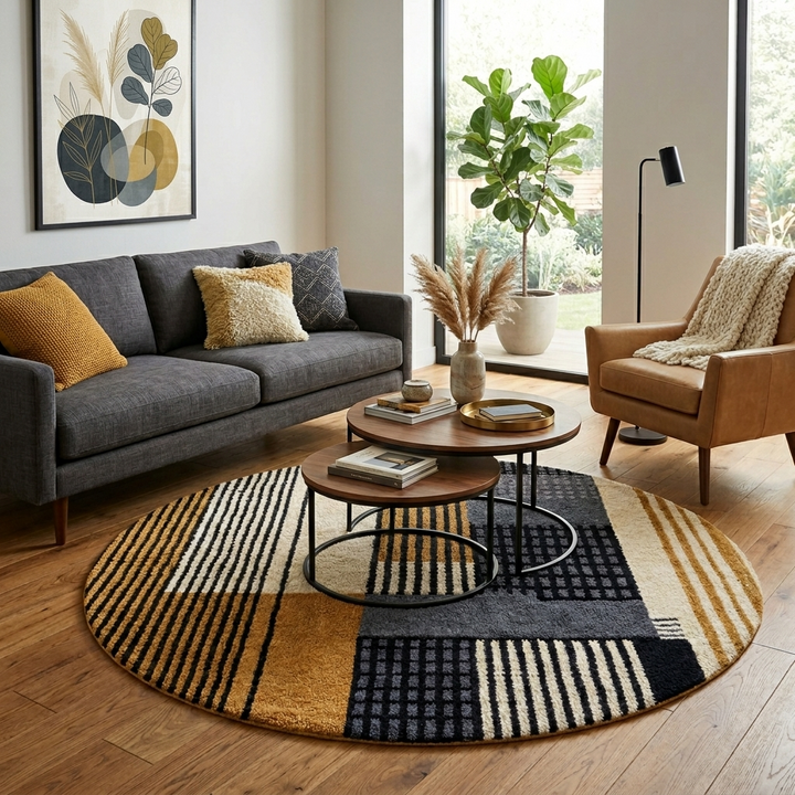 Round handmade Moroccan wool rug with modern geometric striped design in mustard, black, gray and ivory tones