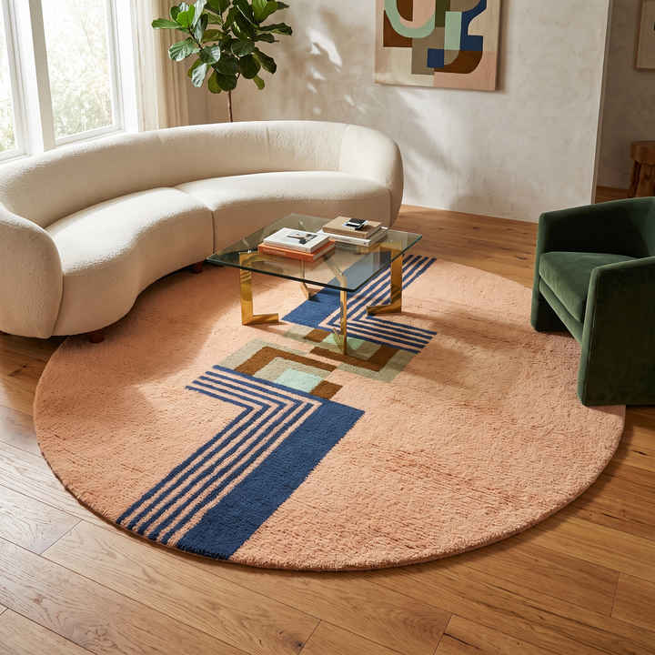 Handmade peach Moroccan round rug with modern abstract geometric design