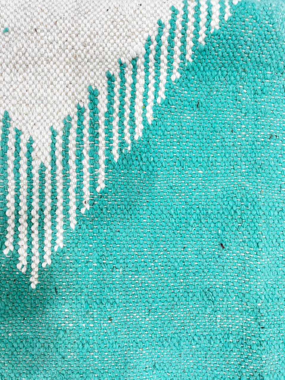 Handmade Moroccan Kilim runner rug with pastel green, blush pink, and white geometric design in flatweave texture.