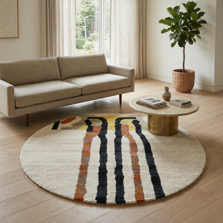 Round Moroccan wool rug with abstract black and rust lines on white background