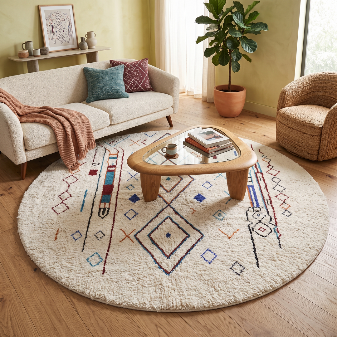 Handmade Moroccan Berber round rug with colorful geometric diamond patterns on an white wool background