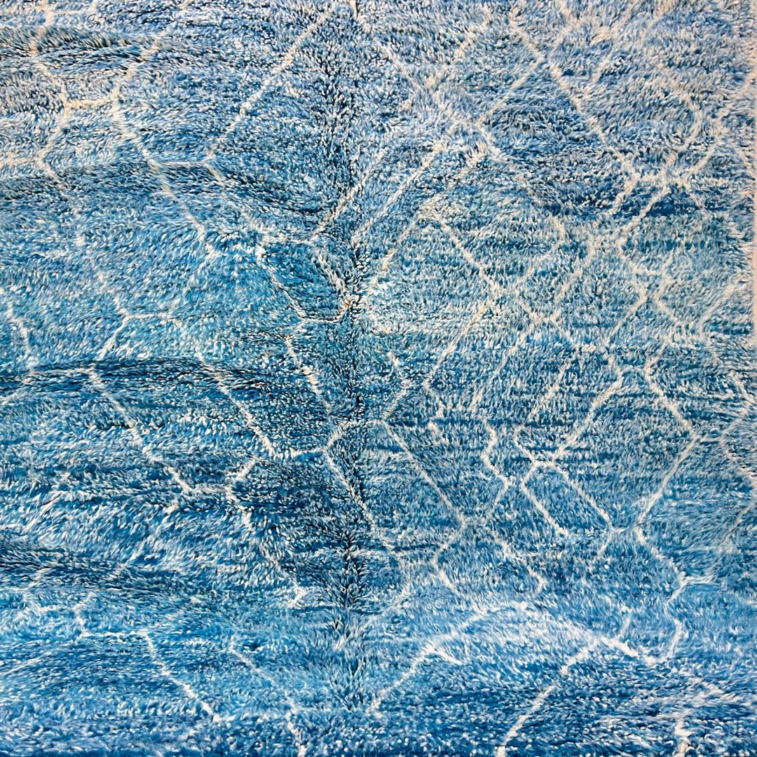 Blue Moroccan runner rug with white geometric Berber pattern handmade wool design