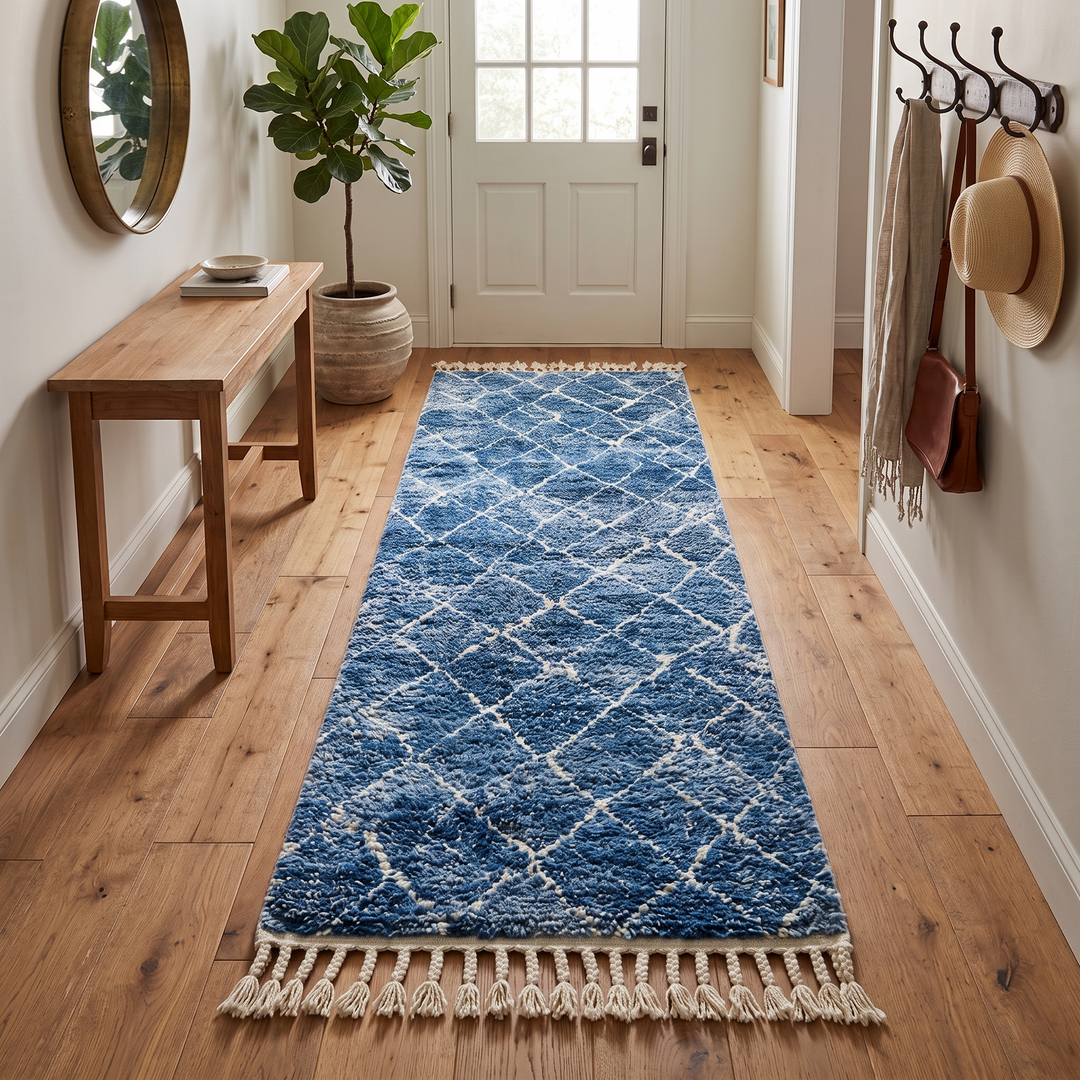 Blue Moroccan runner rug with white geometric Berber pattern handmade wool design