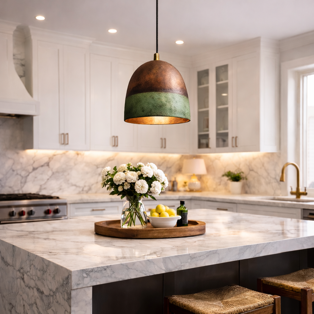 Moroccan Copper &amp; Green Patina Pendant Light – Handmade Kitchen Island Hanging Lamp