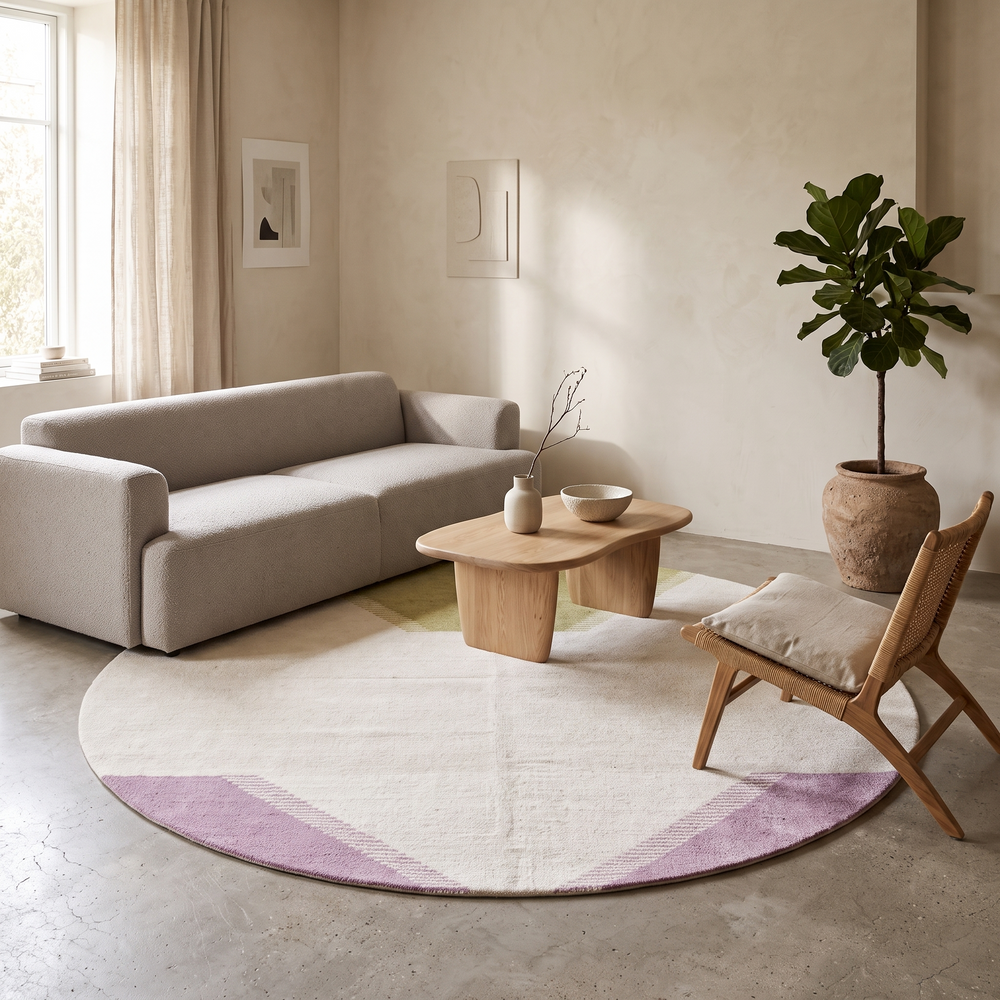 Handmade Moroccan kilim flatweave wool rug with round shape and soft geometric Berber design on ivory background