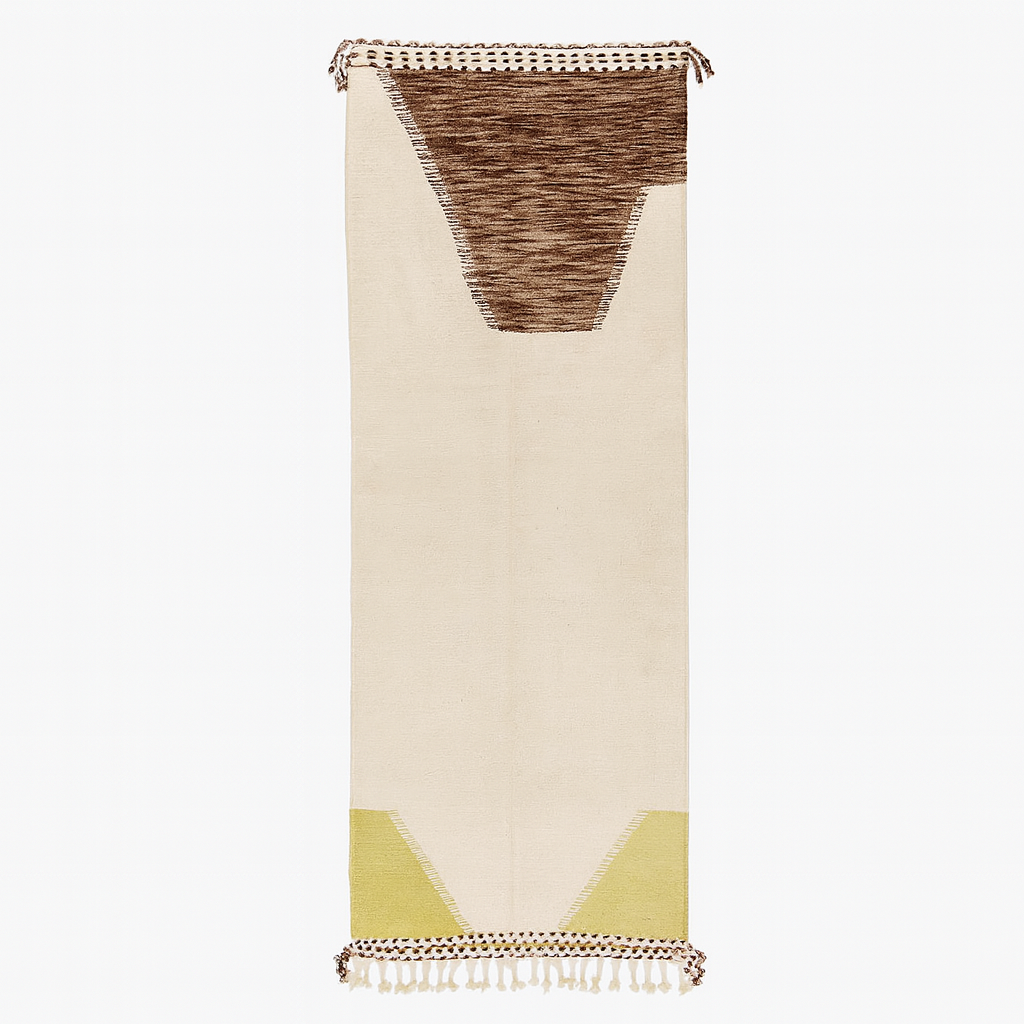 Handmade Moroccan kilim runner rug in white  wool with brown geometric top and olive green accents, flatwoven Berber hallway carpet