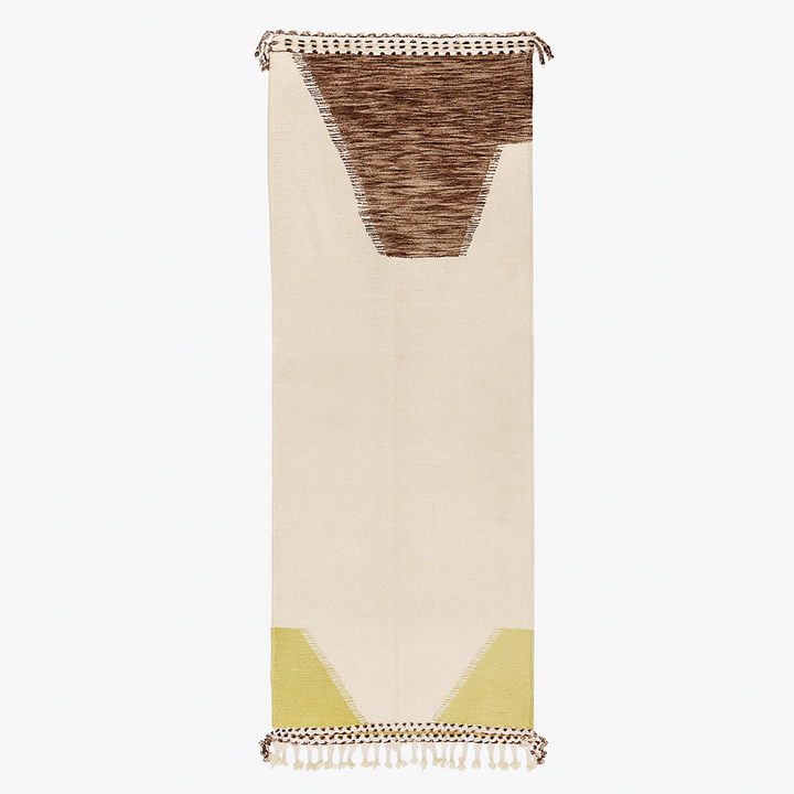Handmade Moroccan kilim runner rug in white  wool with brown geometric top and olive green accents, flatwoven Berber hallway carpet