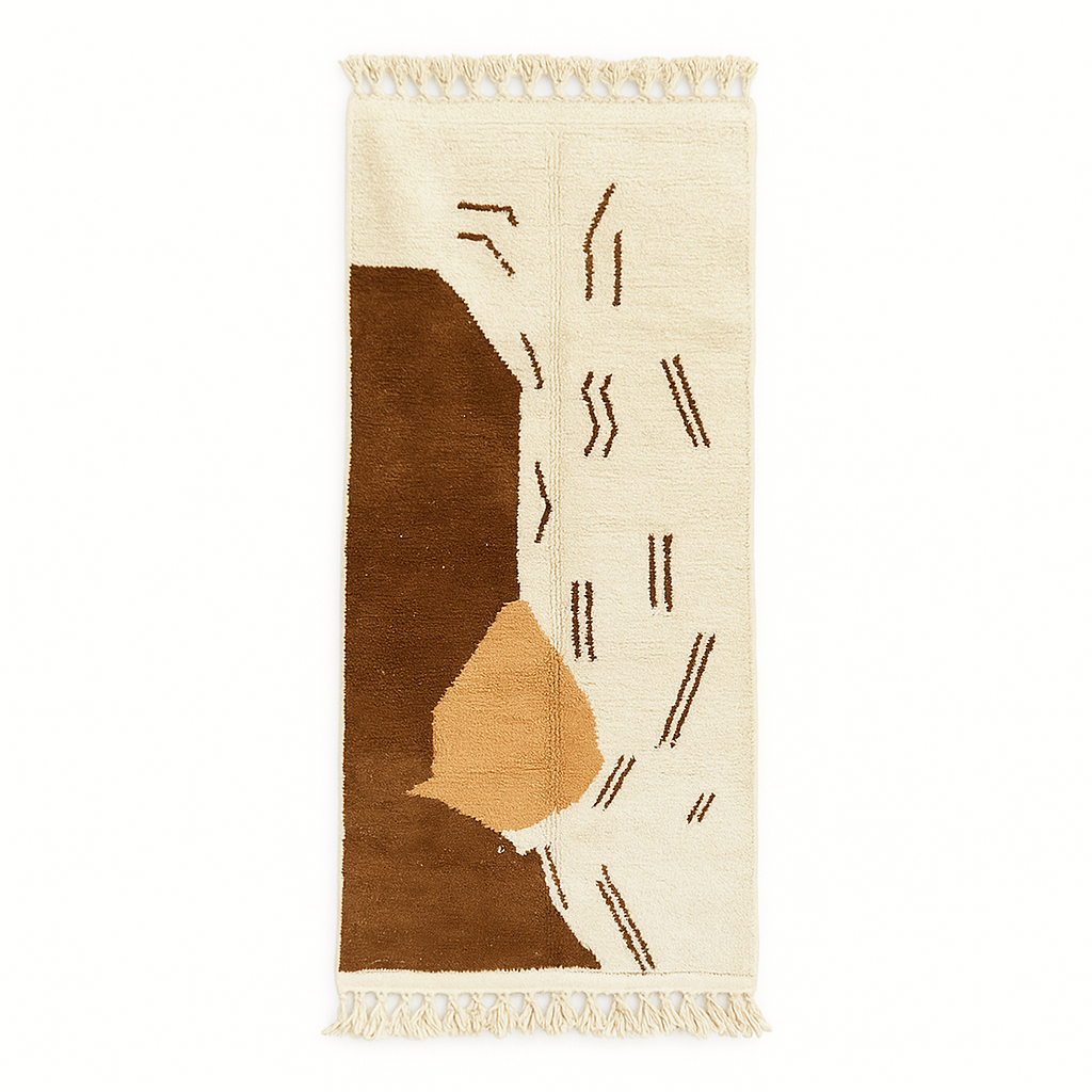 Handmade Moroccan runner rug with brown and white abstract desert-inspired design, crafted from natural wool by Berber artisans.