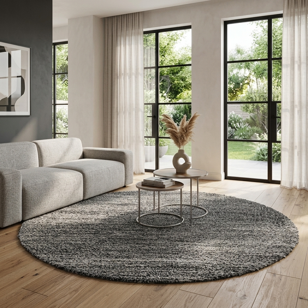 Round Moroccan wool rug with a textured black and white design, showcasing intricate handwoven patterns.