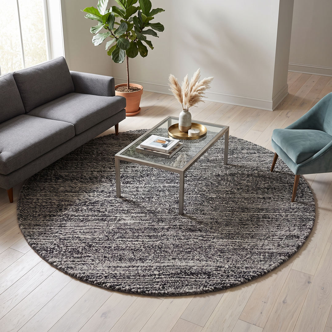 Round Moroccan wool rug with a textured black and white design, showcasing intricate handwoven patterns.