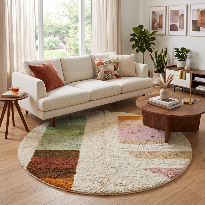 Round Moroccan wool rug with soft geometric blocks in green, pink, beige, brown, and orange.