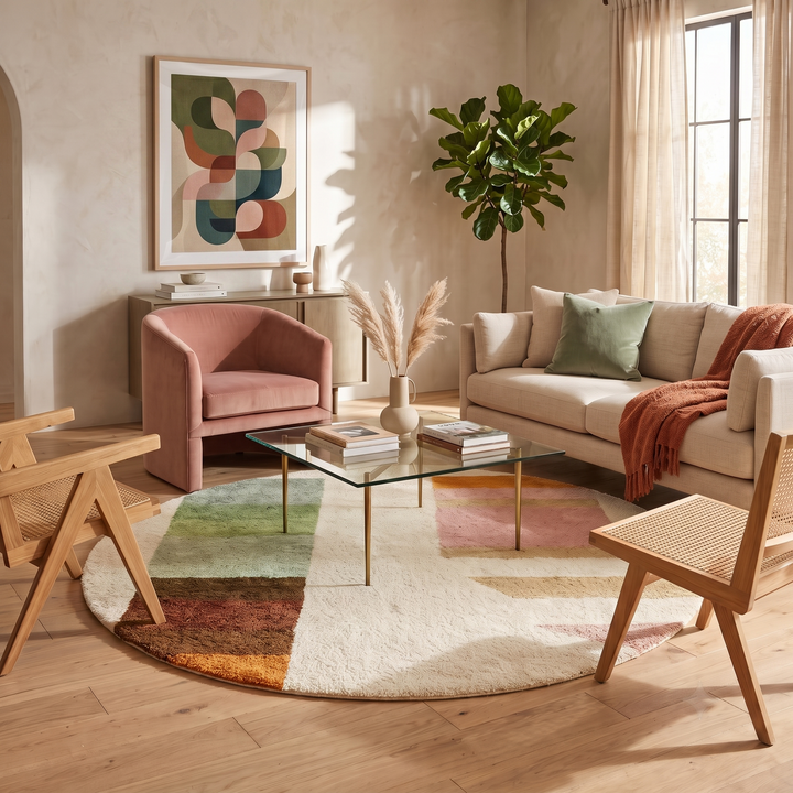 Round Moroccan wool rug with soft geometric blocks in green, pink, beige, brown, and orange.