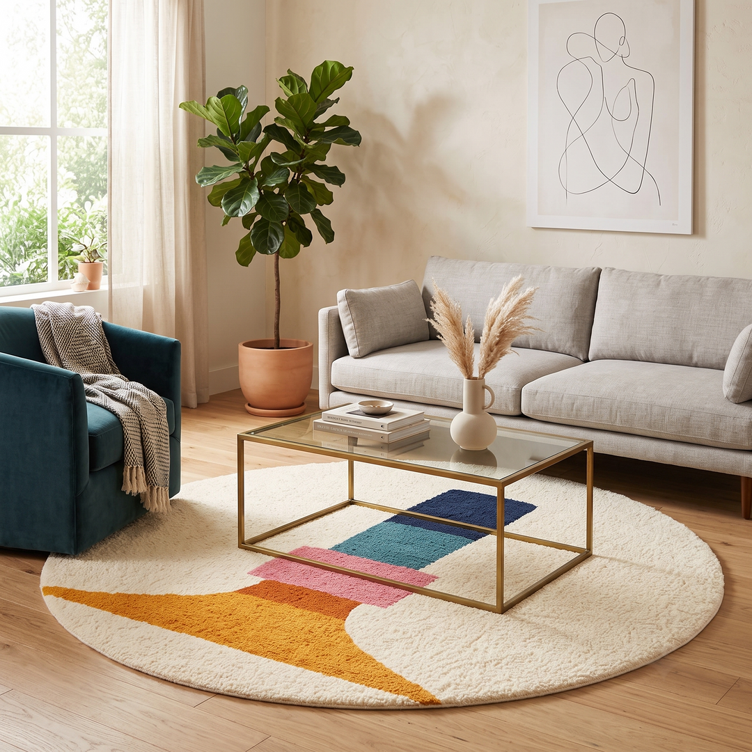 White round Moroccan wool rug with bold stacked geometric color segments in navy blue, teal, pink, terracotta, and orange.