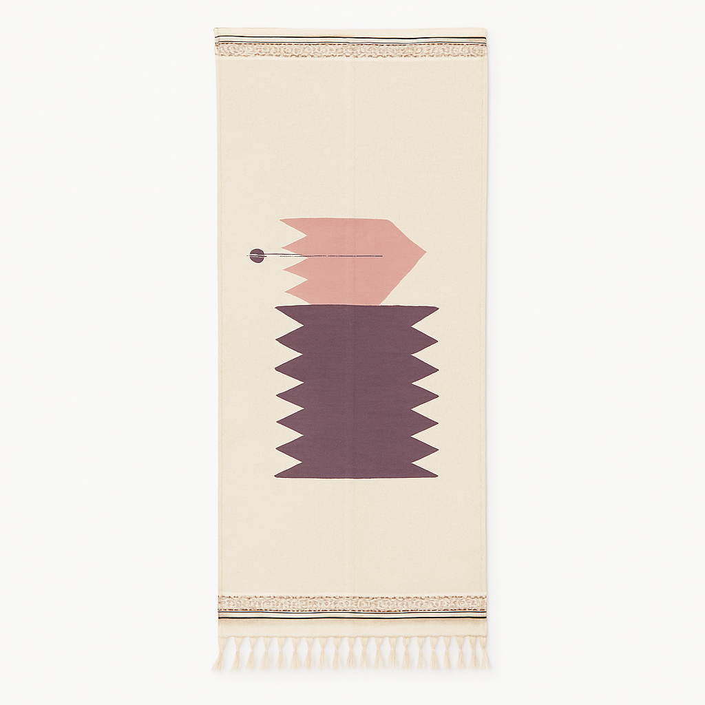 Handwoven Moroccan kilim runner rug with minimalist blush pink and plum geometric pattern on white flatweave wool background.