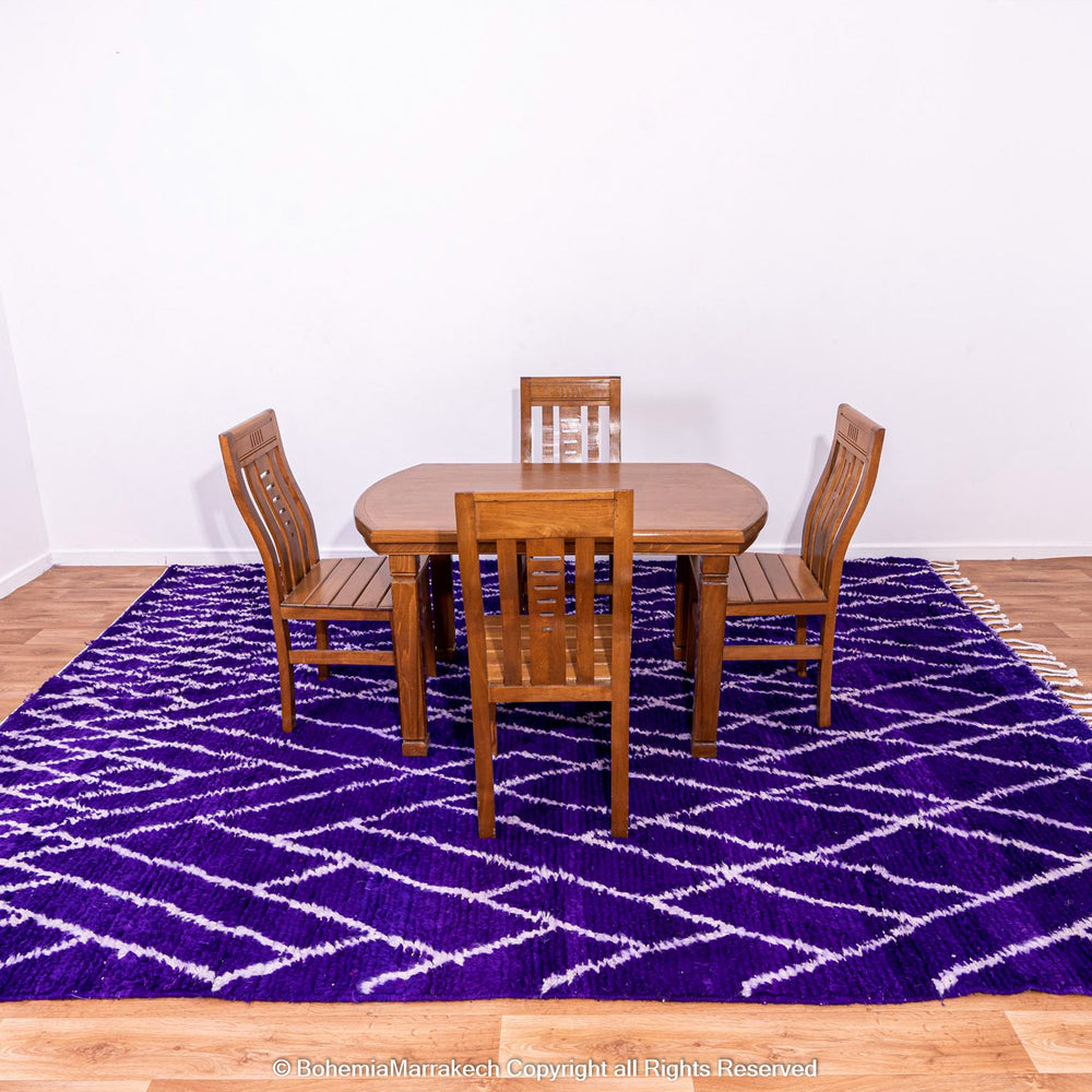 Handmade blue Moroccan rug with white diamond lattice – Beni Ourain wool carpet