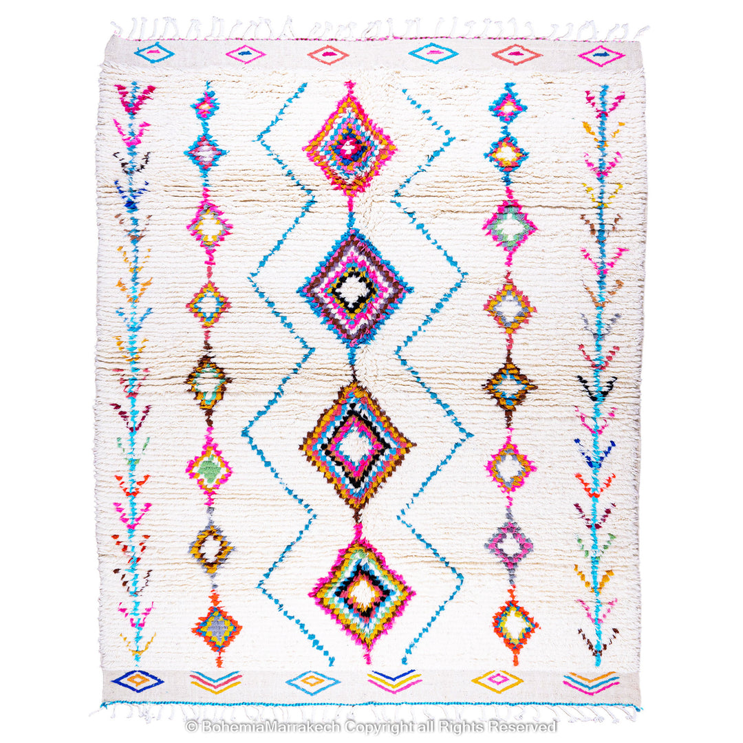Colorful Moroccan wool shag rug in Berber tribal design, handmade in Morocco