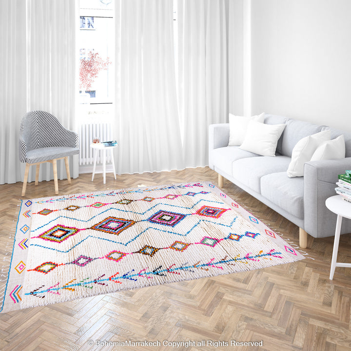 Colorful Moroccan wool shag rug in Berber tribal design, handmade in Morocco