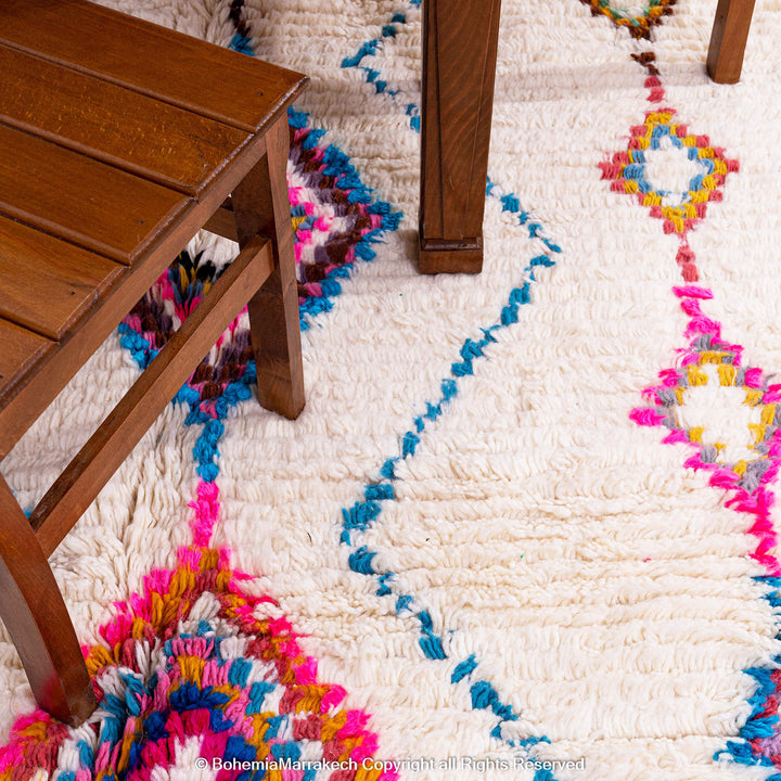 Colorful Moroccan wool shag rug in Berber tribal design, handmade in Morocco