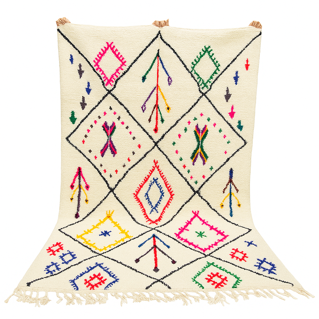 Multicolor Moroccan wool rug with ivory base and colorful Berber diamond patterns
