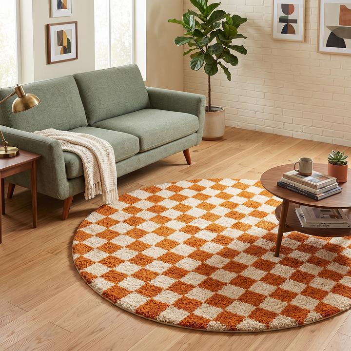 Handmade round Moroccan wool rug with orange and white checkerboard pattern on white background