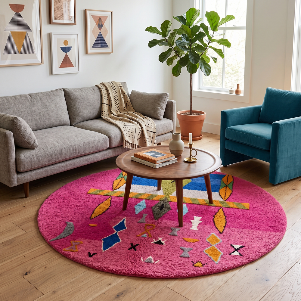 Round pink Moroccan wool rug with modern abstract geometric motifs in blue, green, orange, grey, and white