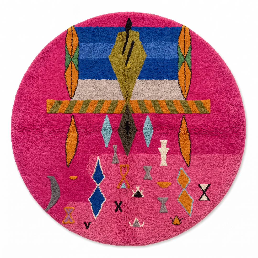 Round pink Moroccan wool rug with modern abstract geometric motifs in blue, green, orange, grey, and white