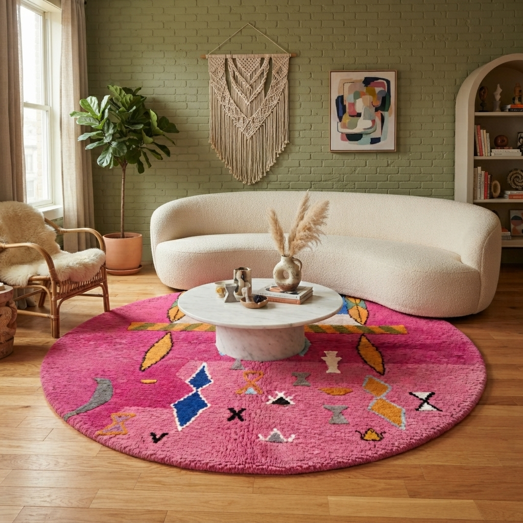 Round pink Moroccan wool rug with modern abstract geometric motifs in blue, green, orange, grey, and white