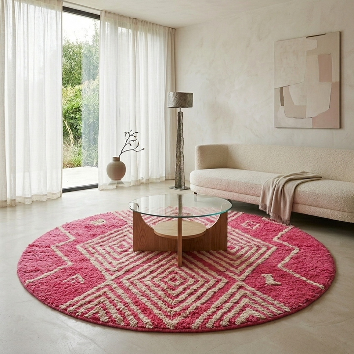 Pink round Moroccan rug with ivory diamond pattern