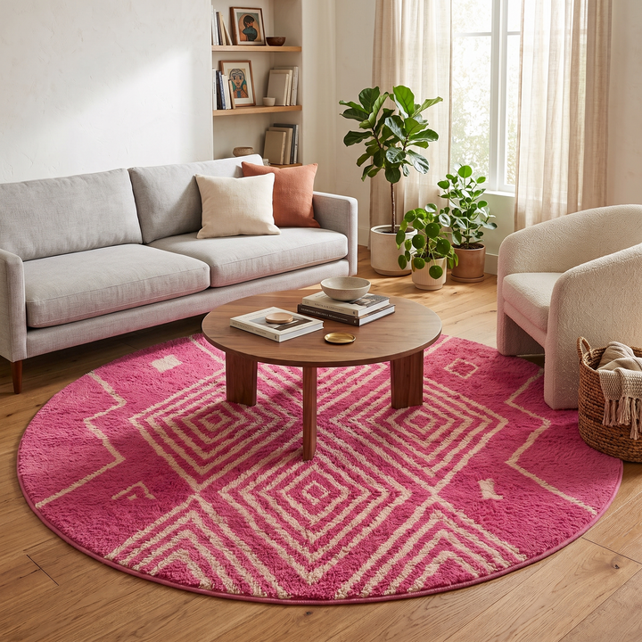 Pink round Moroccan rug with ivory diamond pattern