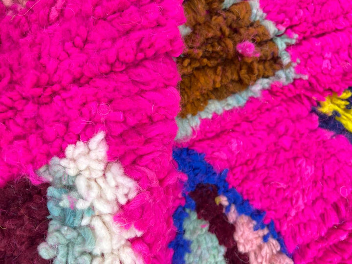 Pink Moroccan runner rug with colorful Berber diamond patterns handmade in wool