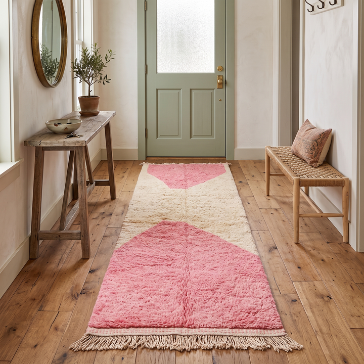 Pink Moroccan wool runner rug handmade with geometric Berber design