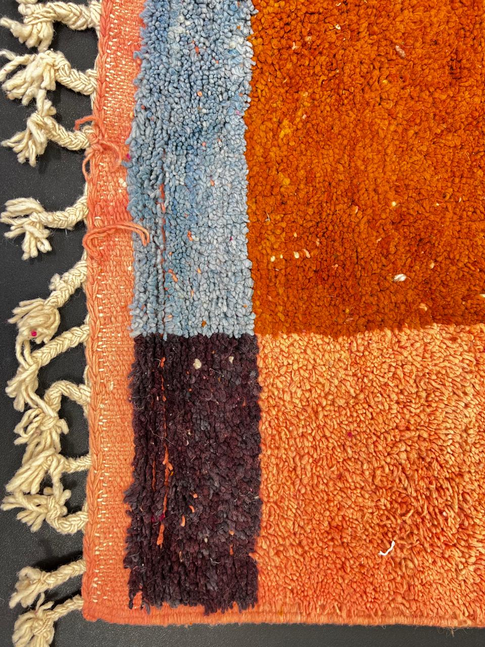 Handmade Moroccan wool runner rug with pink and orange abstract geometric color-block design