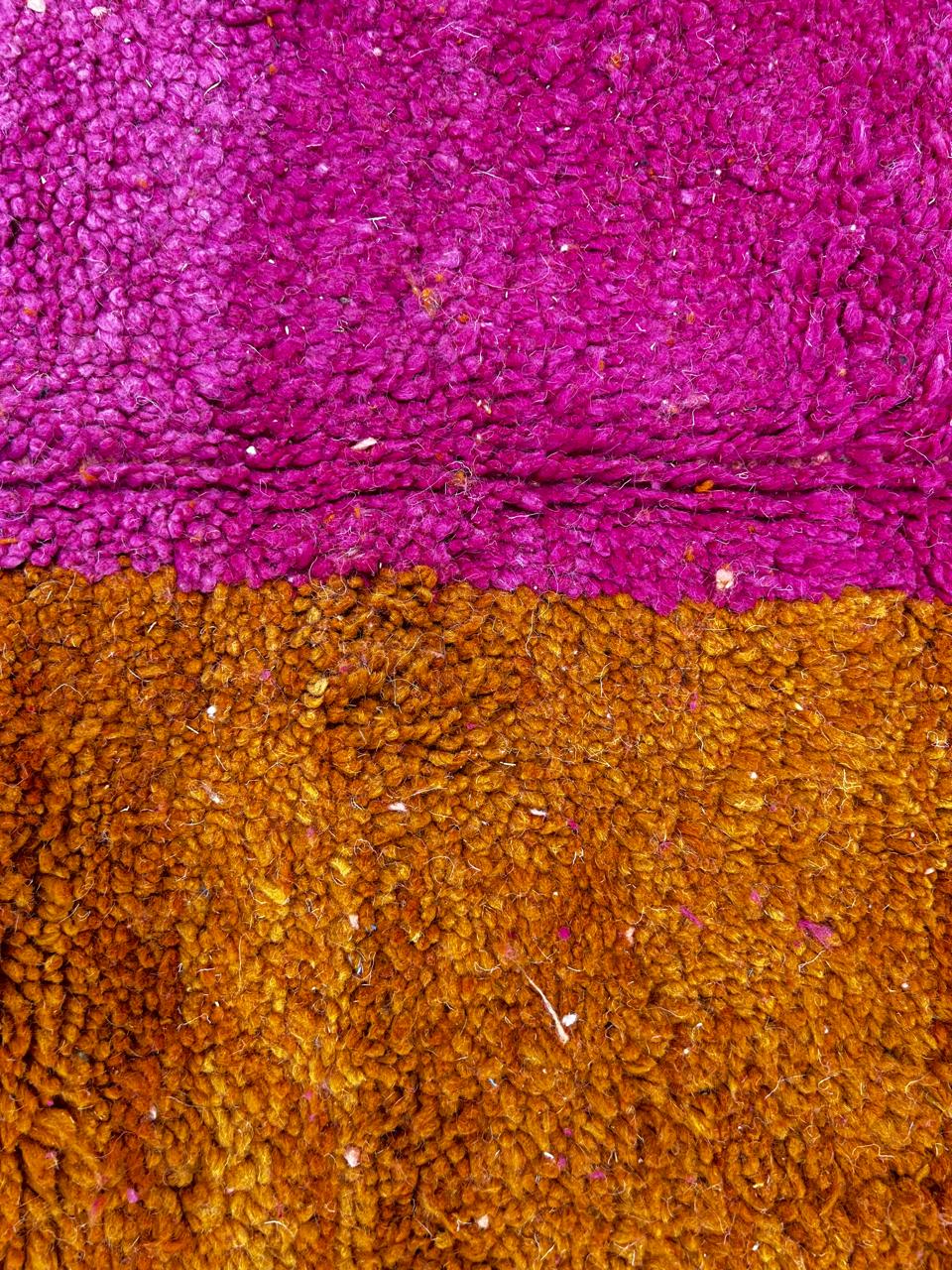 Handmade Moroccan wool runner rug with pink and orange abstract geometric color-block design