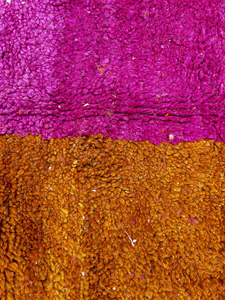 Handmade Moroccan wool runner rug with pink and orange abstract geometric color-block design