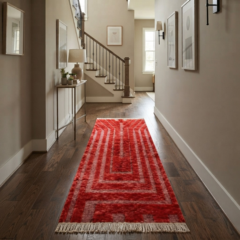 Red Moroccan runner rug handmade Berber wool with geometric pattern and fringes