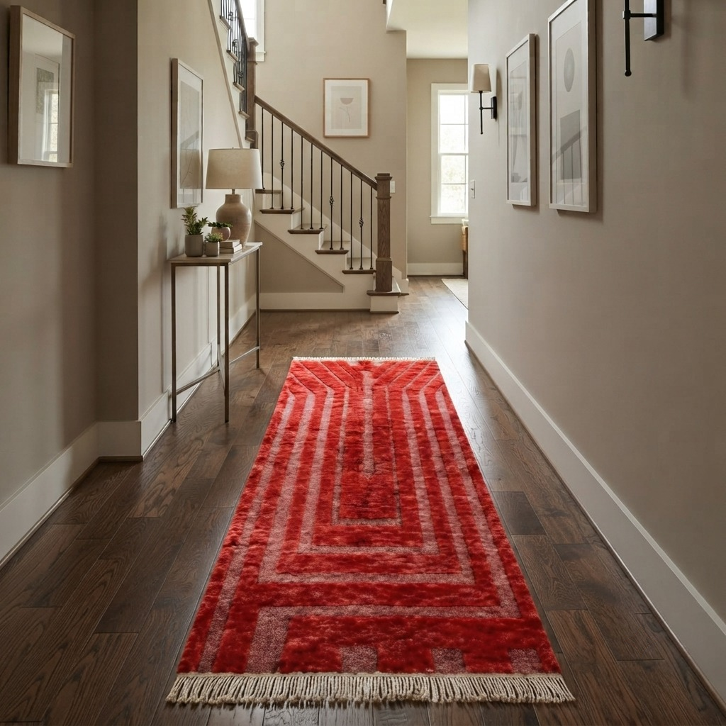 Red Moroccan runner rug handmade Berber wool with geometric pattern and fringes