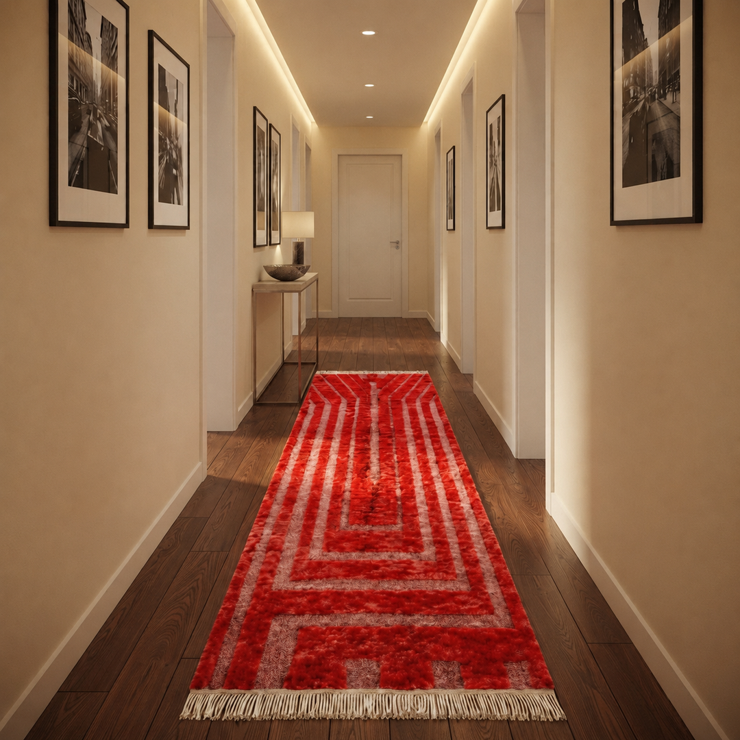 Red Moroccan runner rug handmade Berber wool with geometric pattern and fringes