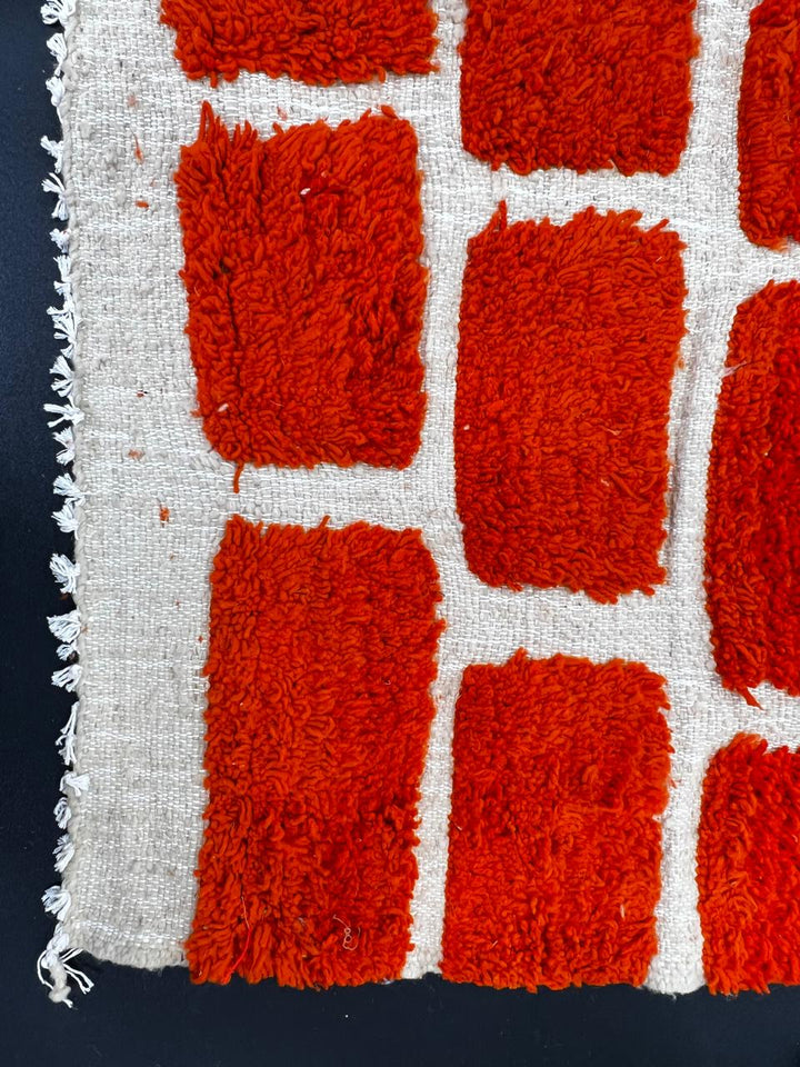 Red Moroccan runner rug with brick geometric pattern, handmade wool Berber carpet