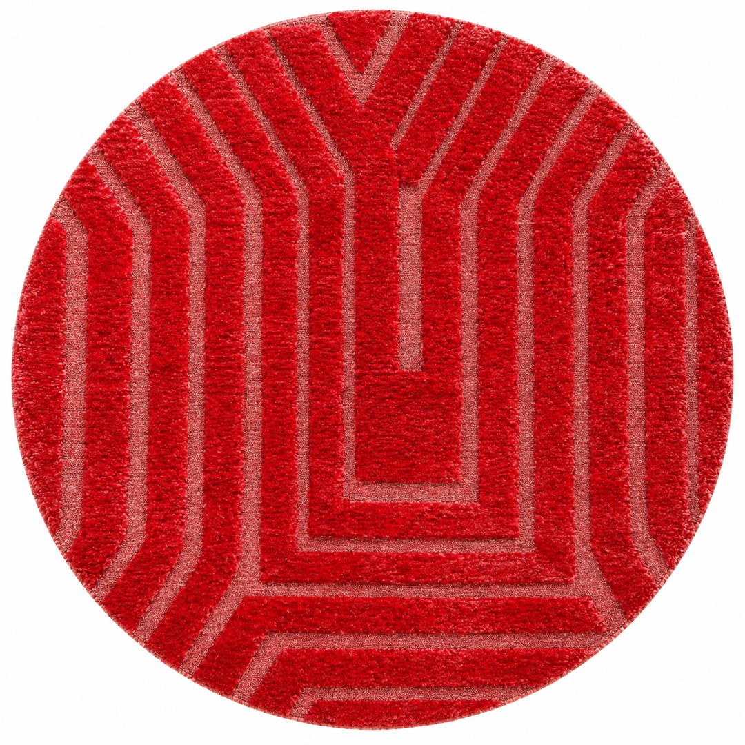 Handmade red Moroccan round rug with textured geometric lines and plush wool