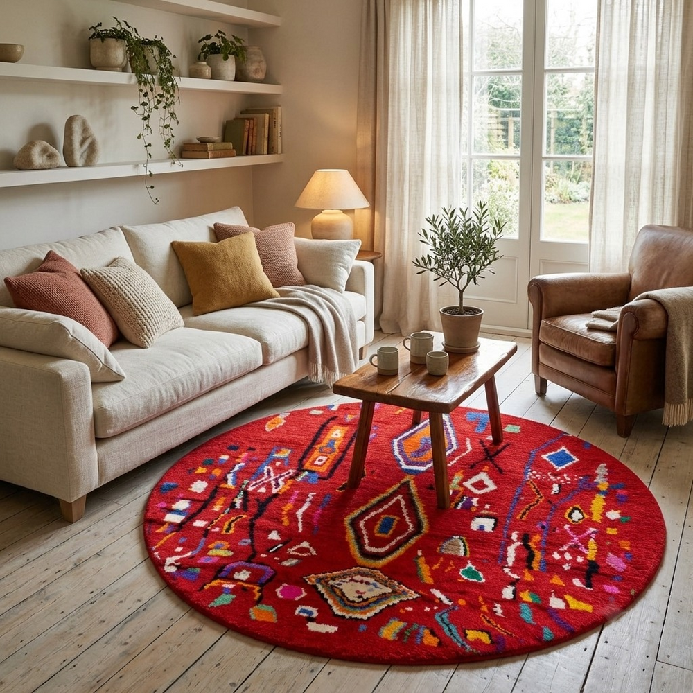 Round handmade Moroccan Berber rug with deep red wool base and colorful tribal geometric symbols.
