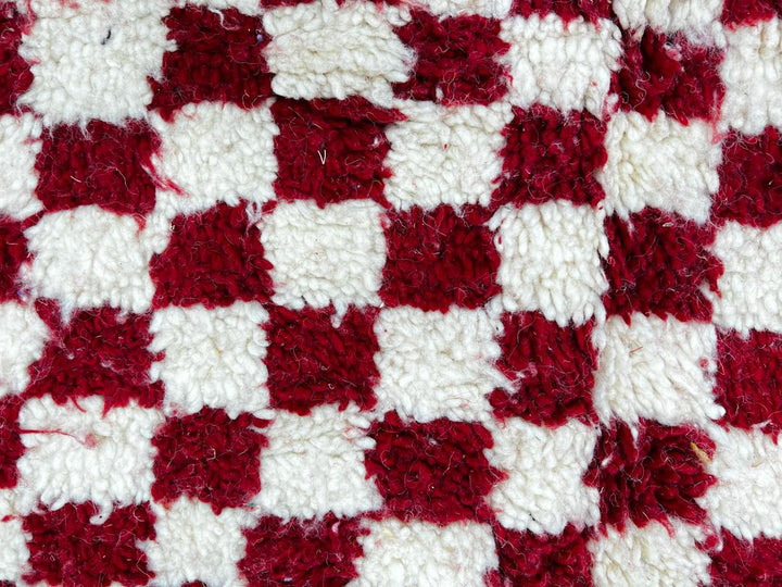 Red and cream Moroccan wool rug with handmade checkered pattern